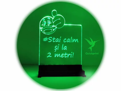 Plexiglass covid 1 jpg lampă luminoasă de atenționare, transparentă, cu mesajul "#stai calm și la 2 metri".